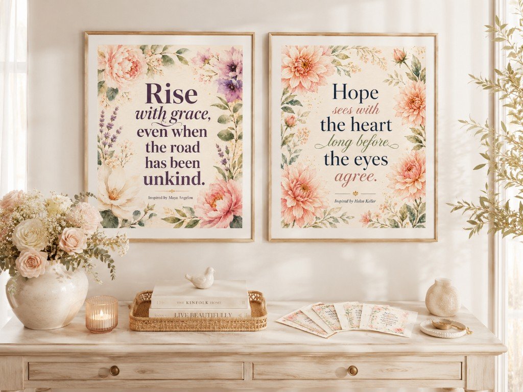 365 Daily Inspirational Quote Cards displayed in light wood frames with white mats above a styled console table — floral designs inspired by Maya Angelou and Helen Keller